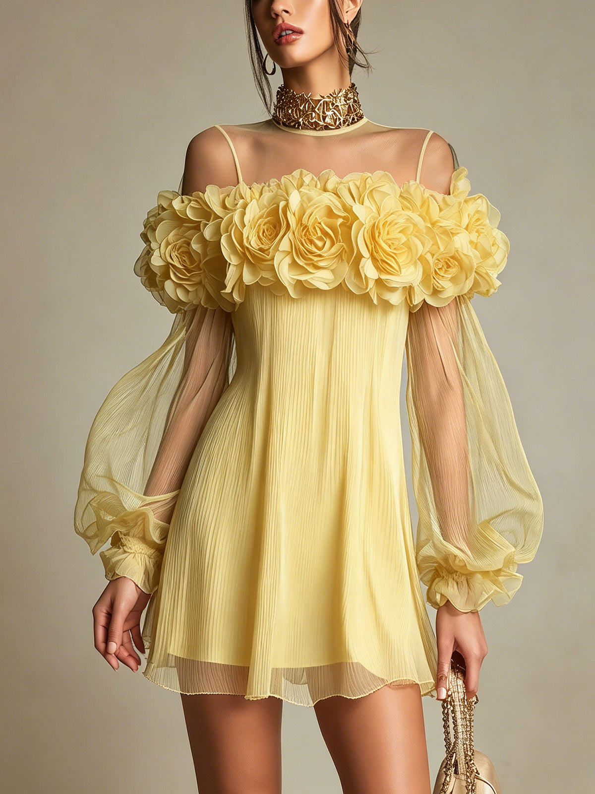 Yellow 3D Floral Ruffle Mini Dress