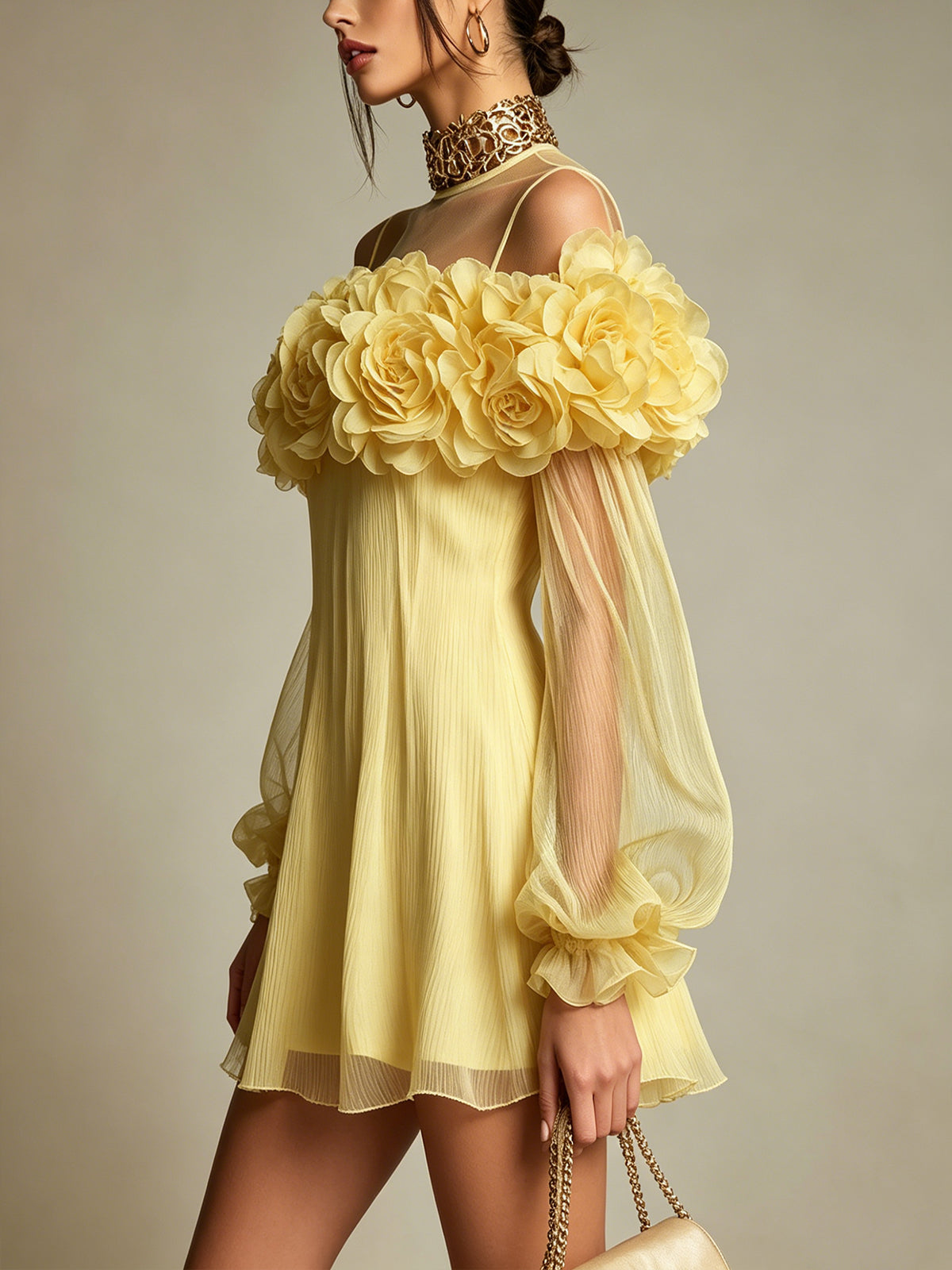 Yellow 3D Floral Ruffle Mini Dress