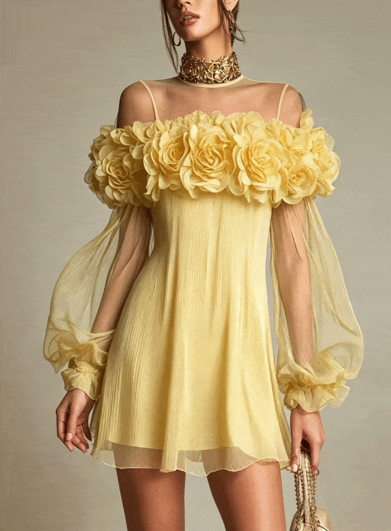 Yellow 3D Floral Ruffle Mini Dress