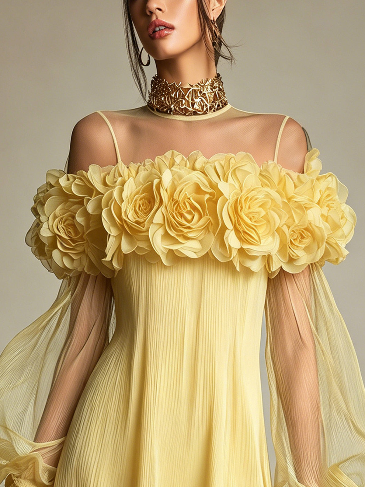 Yellow 3D Floral Ruffle Mini Dress