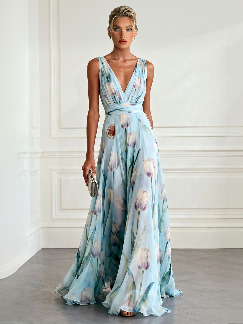 Elegant Tulip Print V-neck Maxi Dress