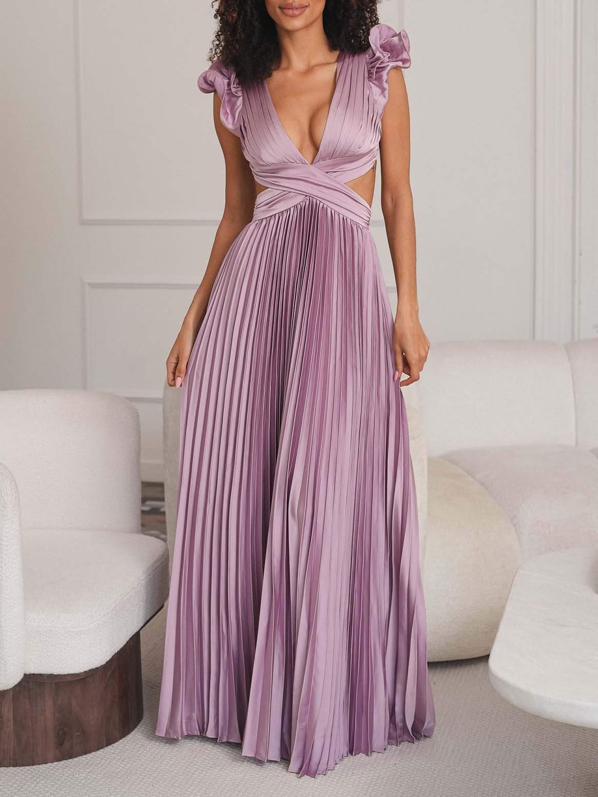 Elegant V-neck Open Back Pleated Ruffle Maxi Dress