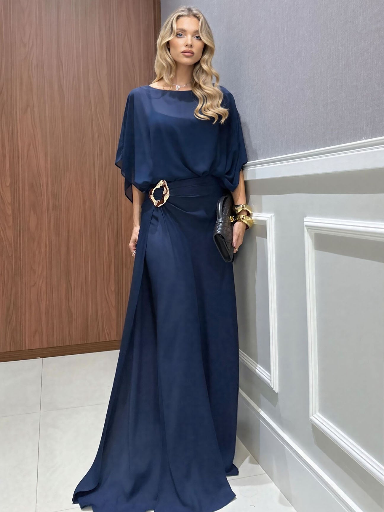 Elegant Chiffon Cape Top & Wide-Leg Pants Two-Piece Set