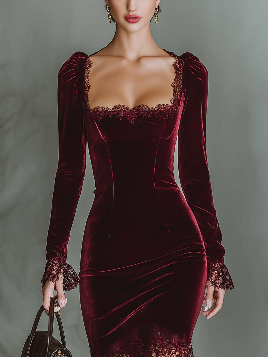 Elegant High-neck Velvet Lace Maxi Dress