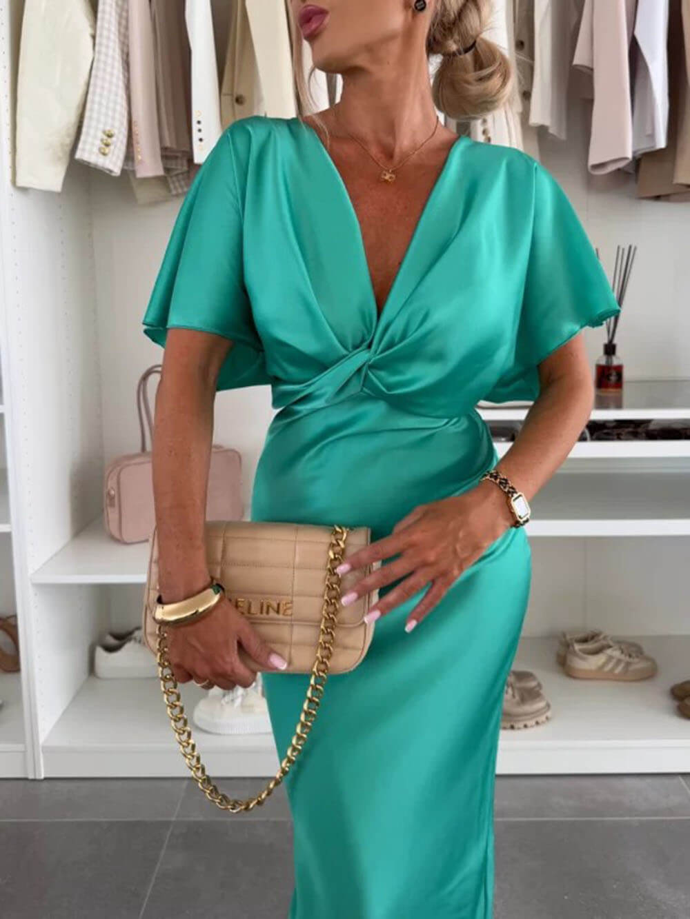 Graceful Satin Solid Color V-neck Cross Knot Slim Maxi Dress