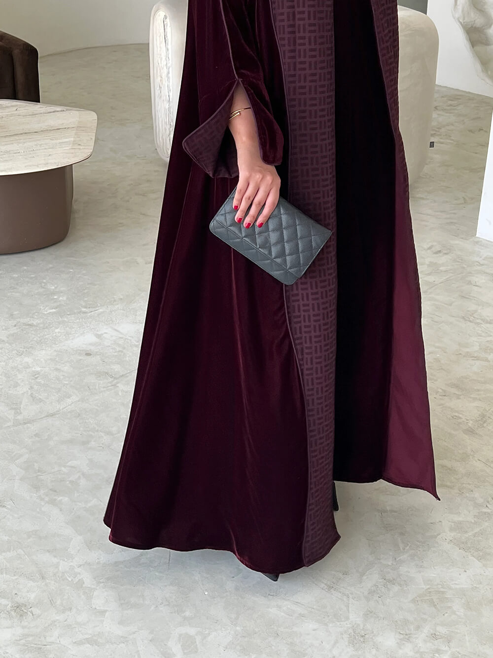 Elegant Burgundy Printed Velvet Robe Cardigan