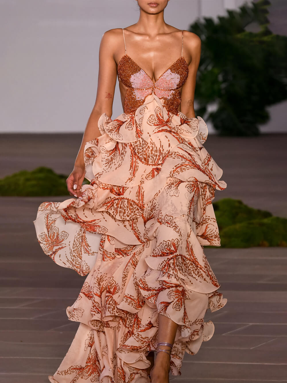 Tiered Sunset Butterfly Print Halter Back Maxi Dress