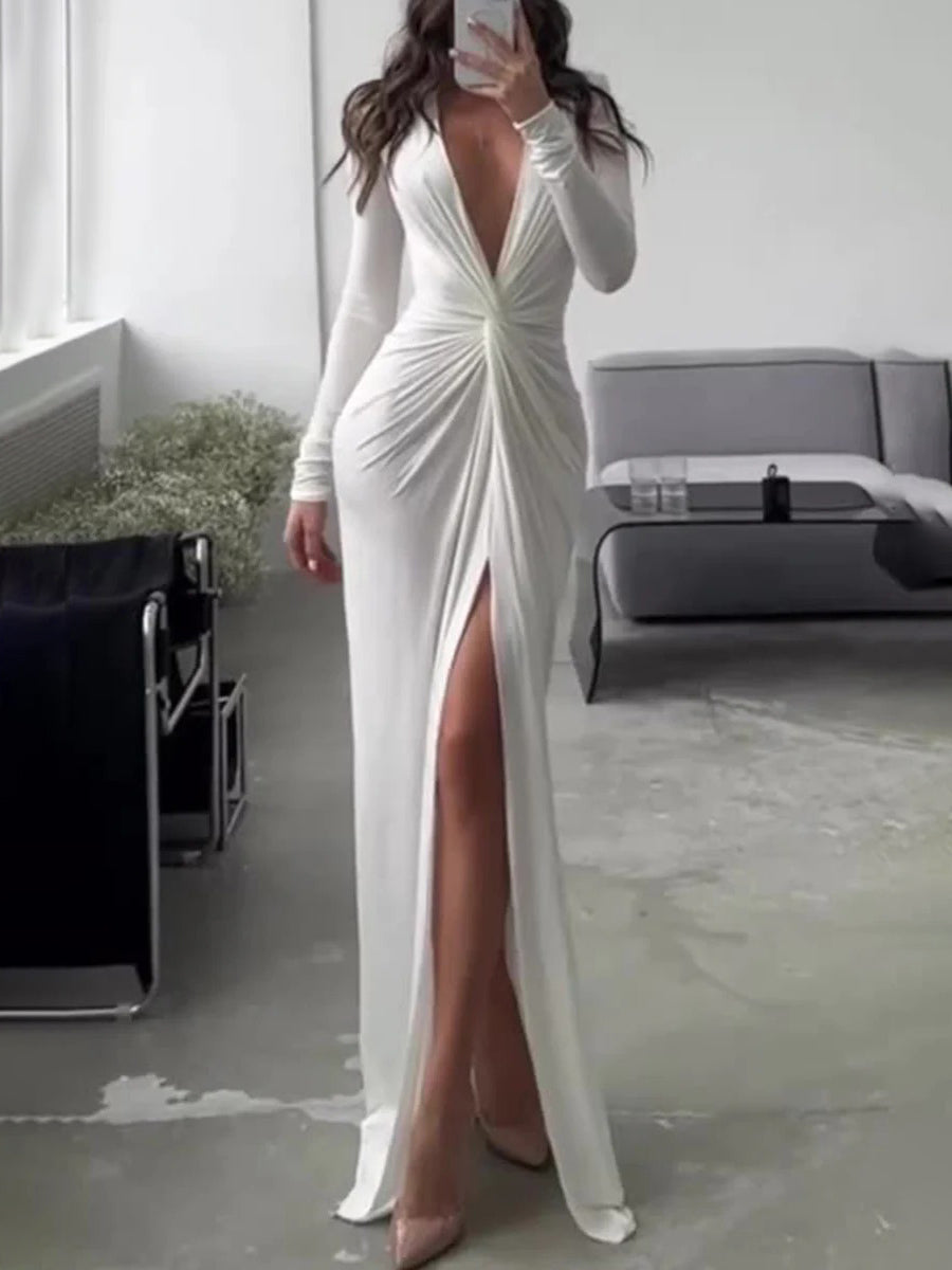 Elegant V-neck Knotted Slit Long-sleeved Knitted Maxi Dress