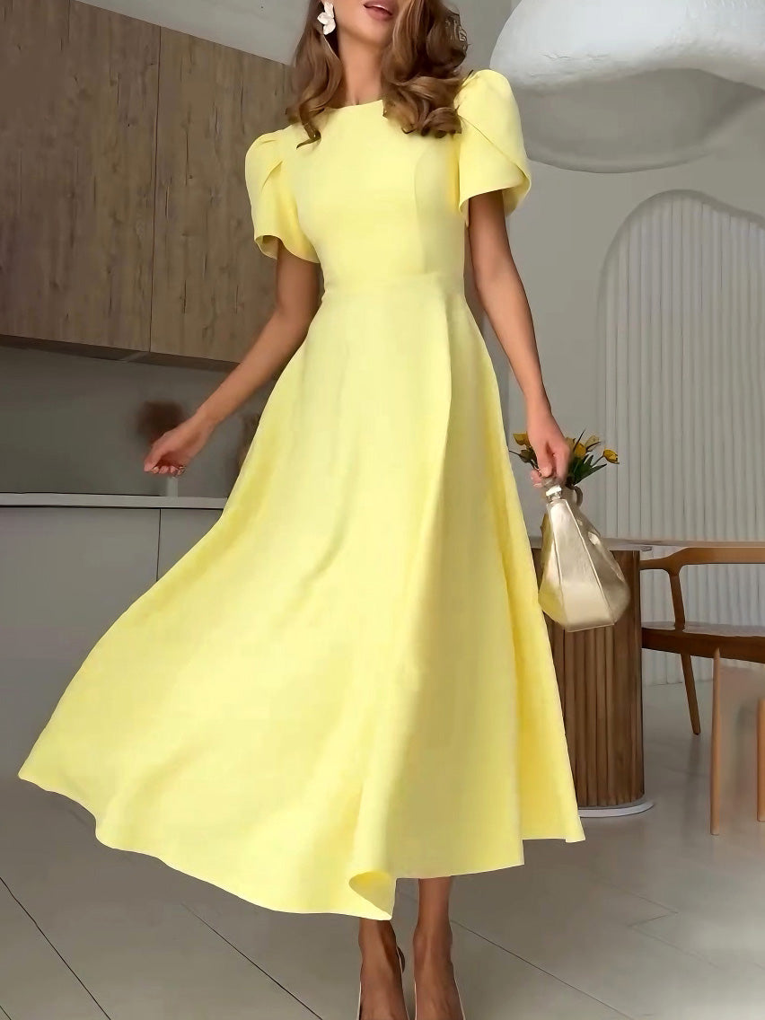 Elegant High-neck Bud Sleeve Midi Dress
