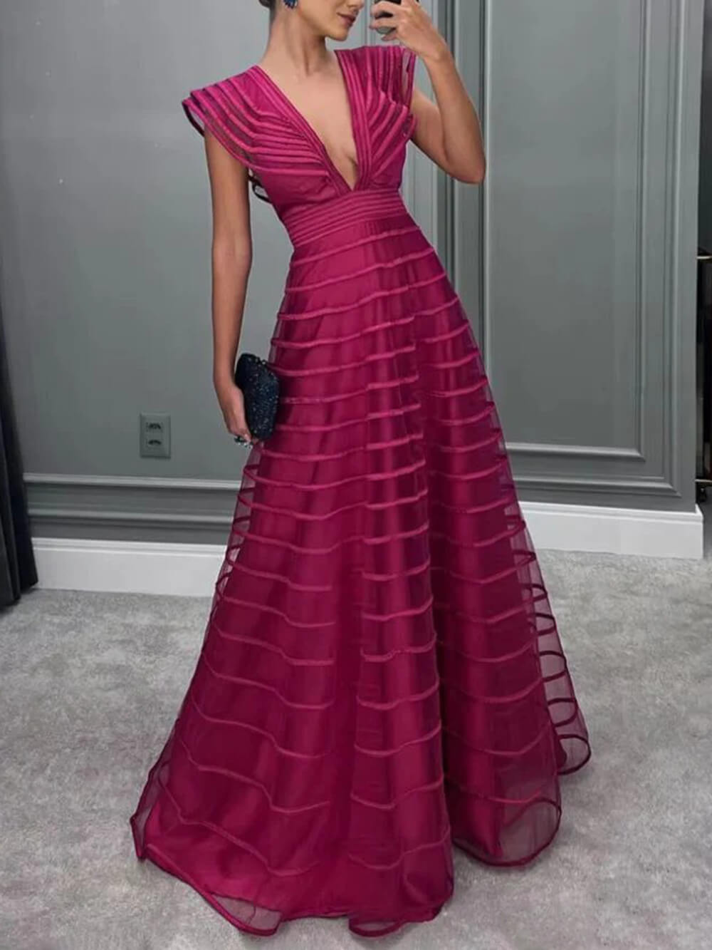 Exquisite Mesh-Panel Deep V-Neck Party Maxi Dress