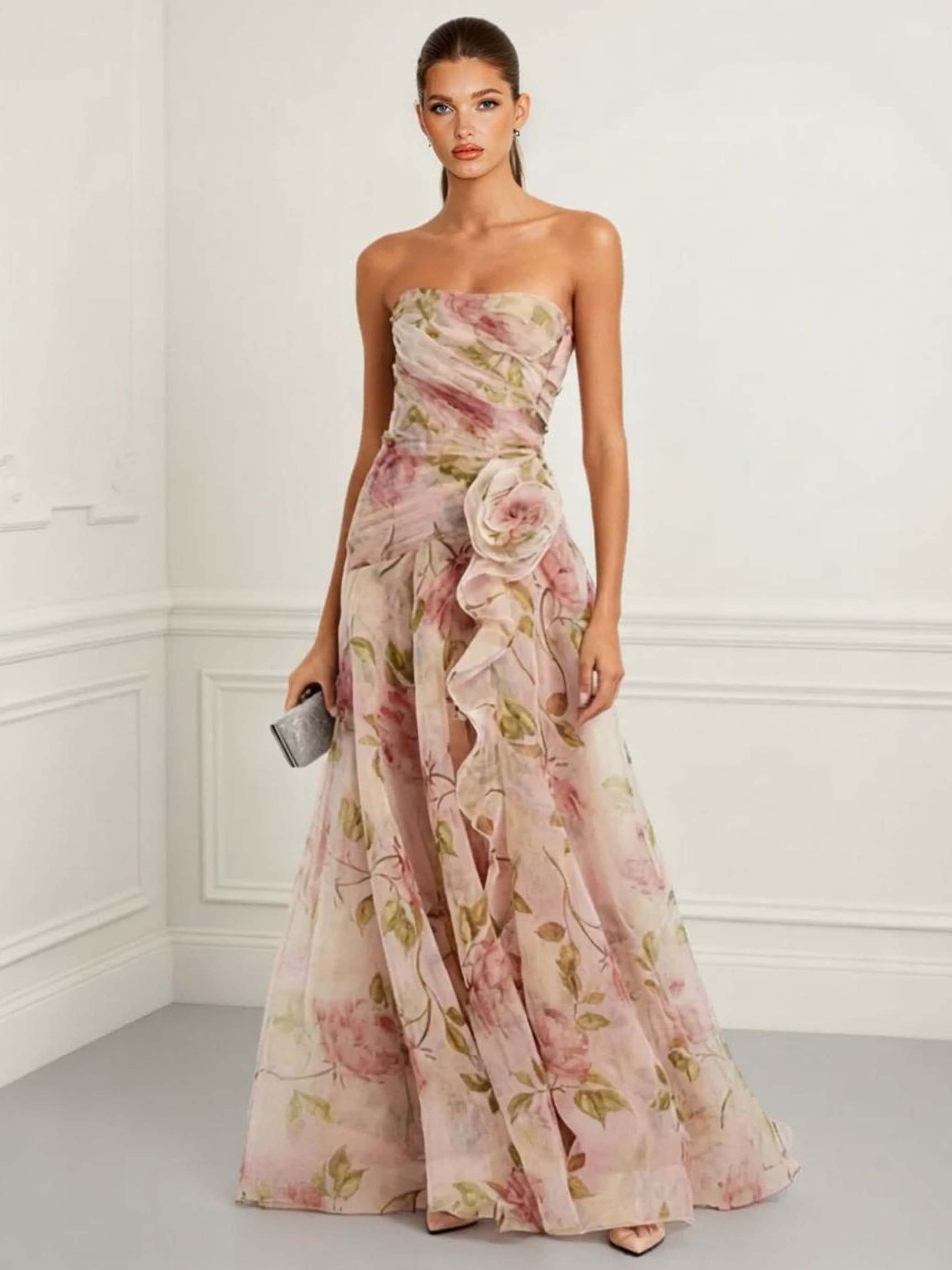 Elegant Strapless Floral Print Chiffon Maxi Dress