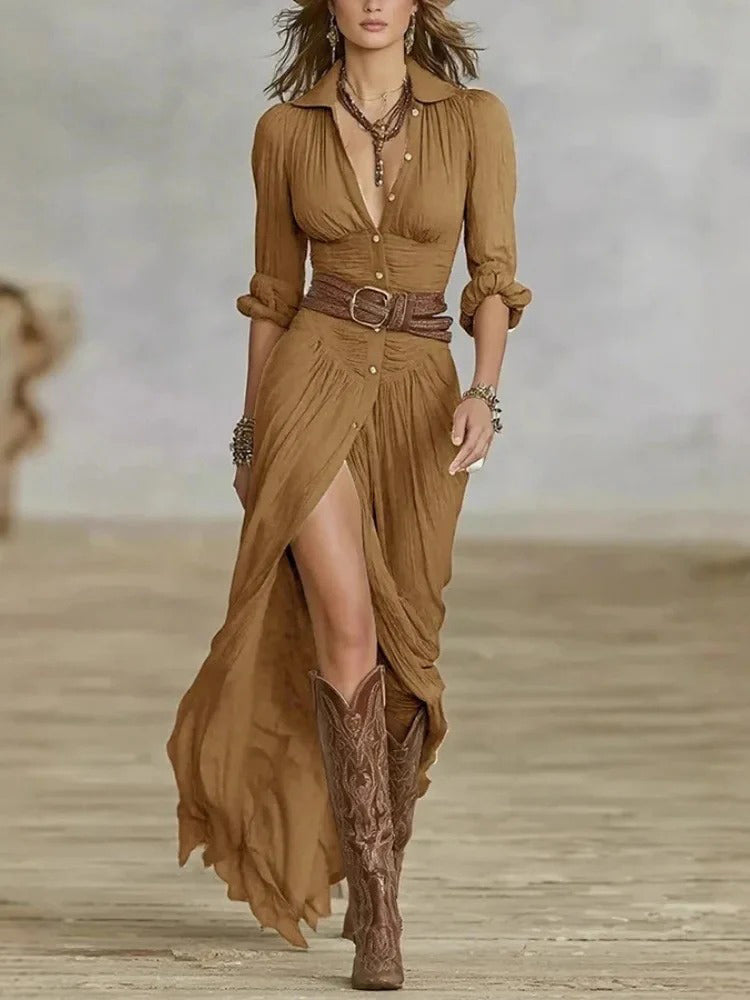Casual Shirt Collar Hemie Style Button Maxi Dress