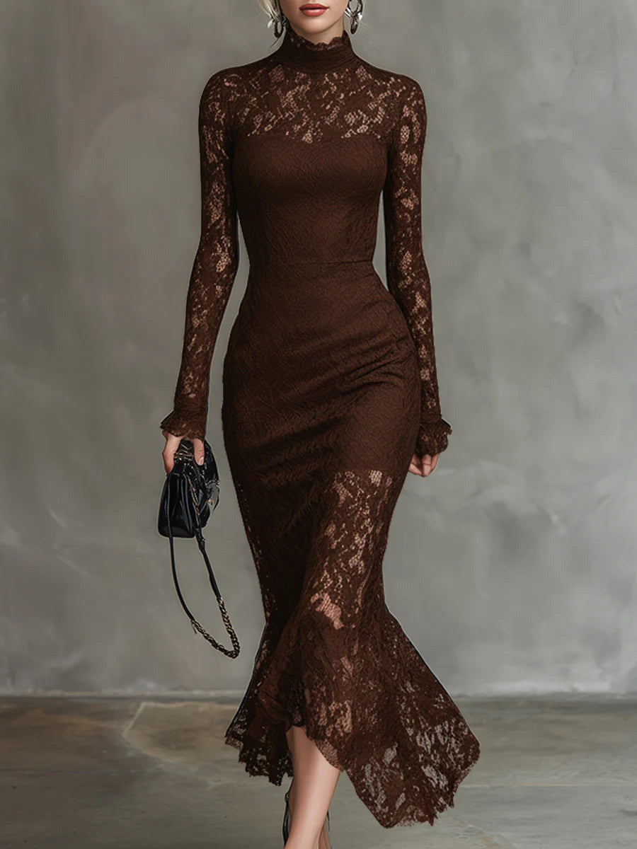 Exquisite High-neck Lace Fishtail Maxi Dress