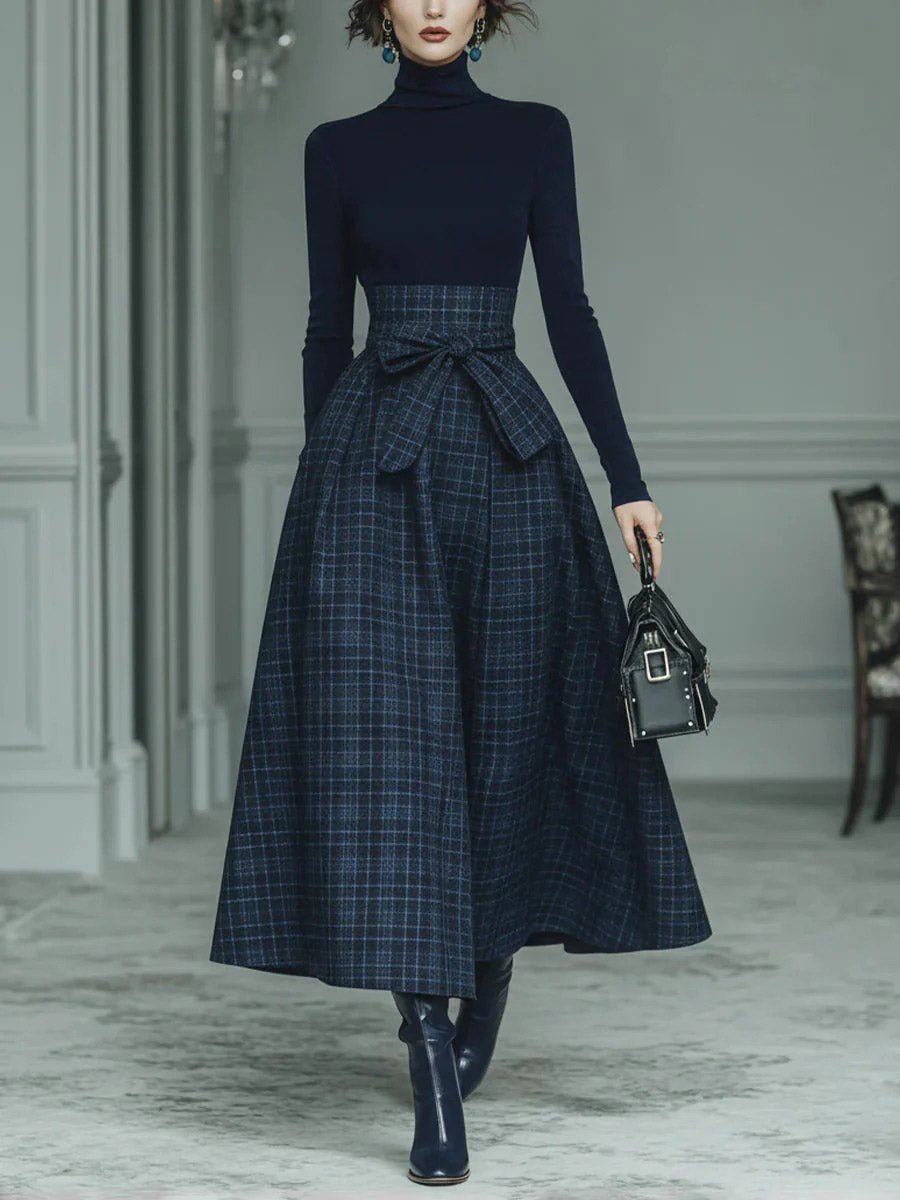 Exquisite High-neck Stretch Top And Plaid Skirt Two-piece Set