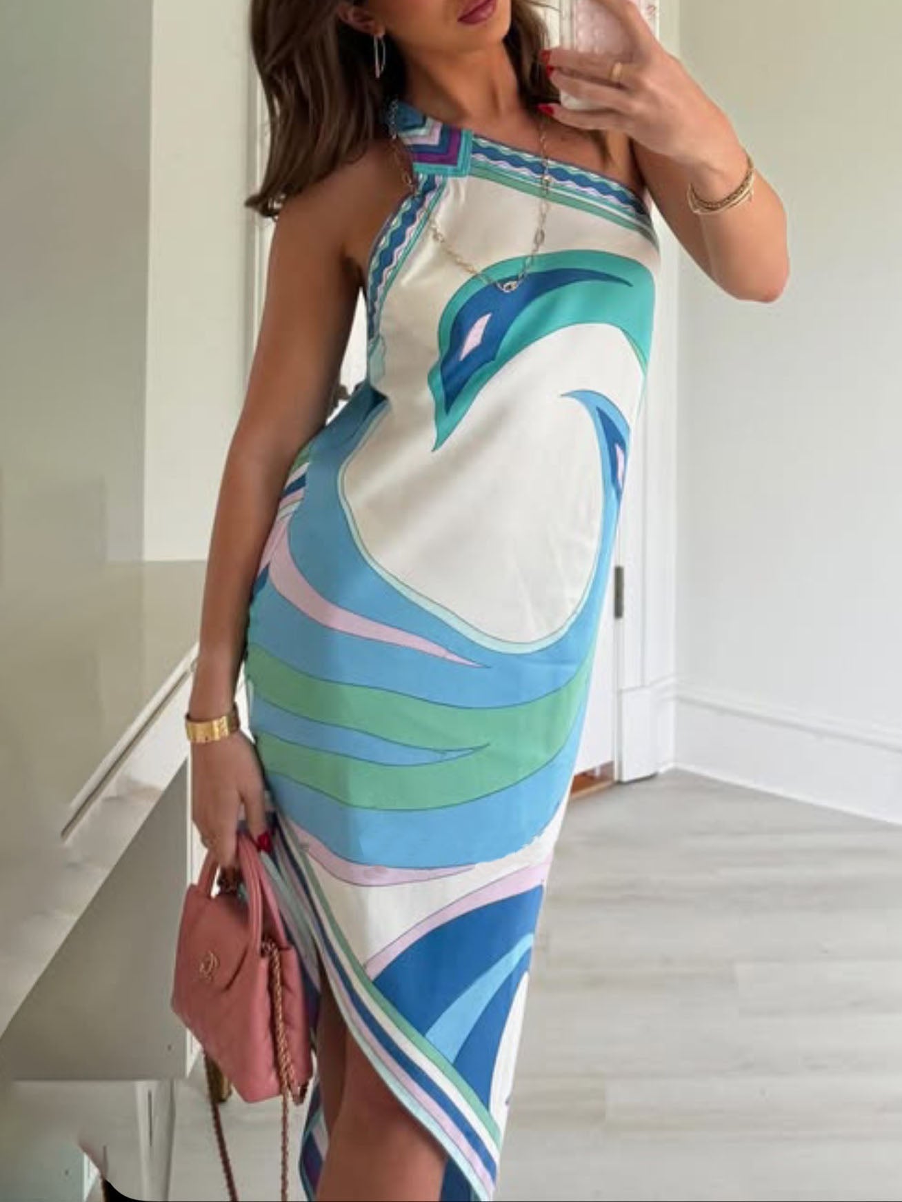 Unique Satin Print One Shoulder Irregular Hem Midi Dress