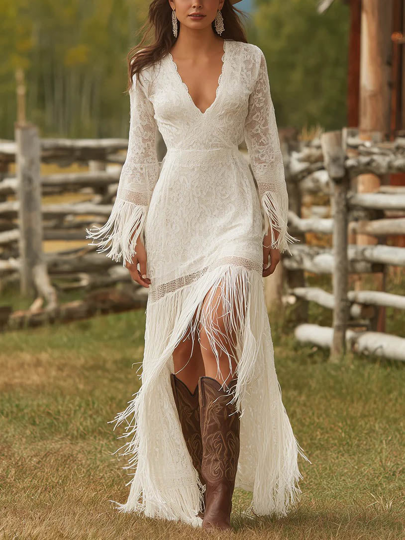 Retro Lace Irregular Tassel Maxi Dress