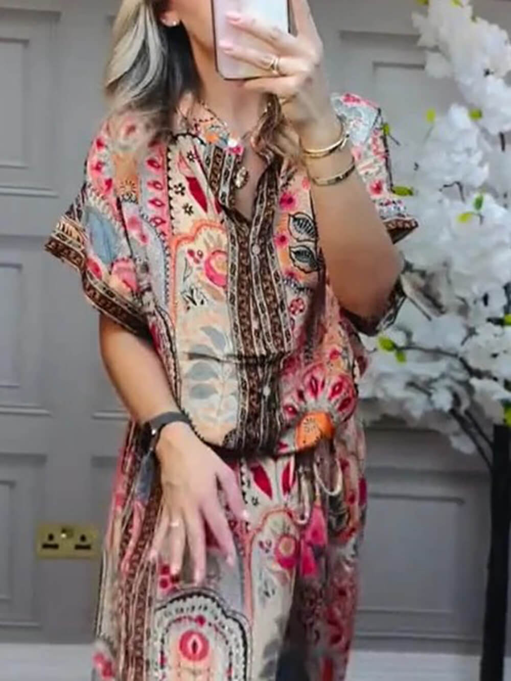 Boho Printed Fringe-Accented Loose Blouse