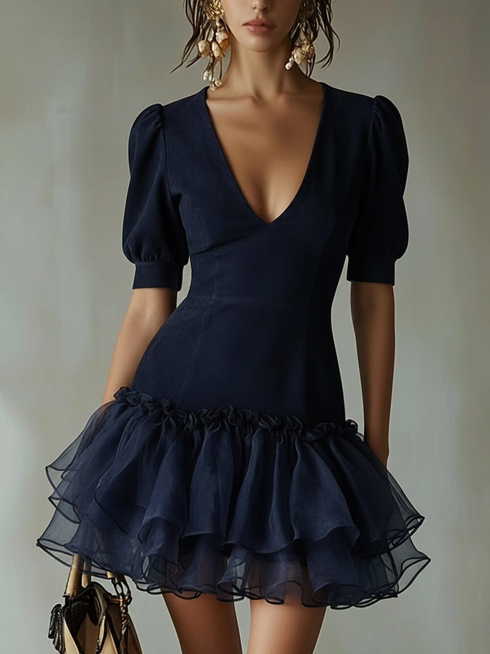 Delicate Puff-Sleeve With Layered Ruffled Hem Mini Dress
