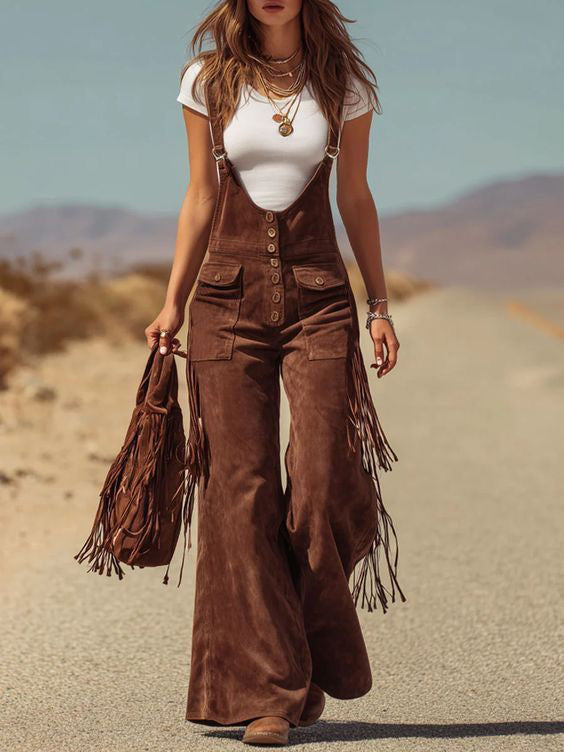 Retro Faux Suede Flared Overalls