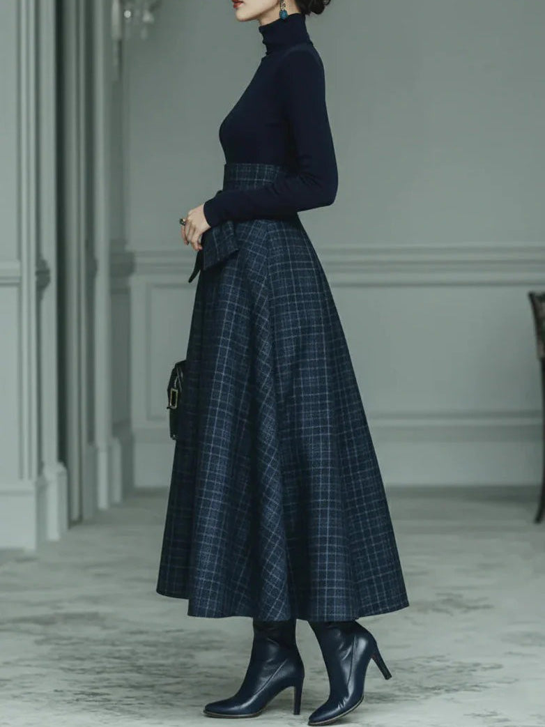 Exquisite High-neck Stretch Top And Plaid Skirt Two-piece Set
