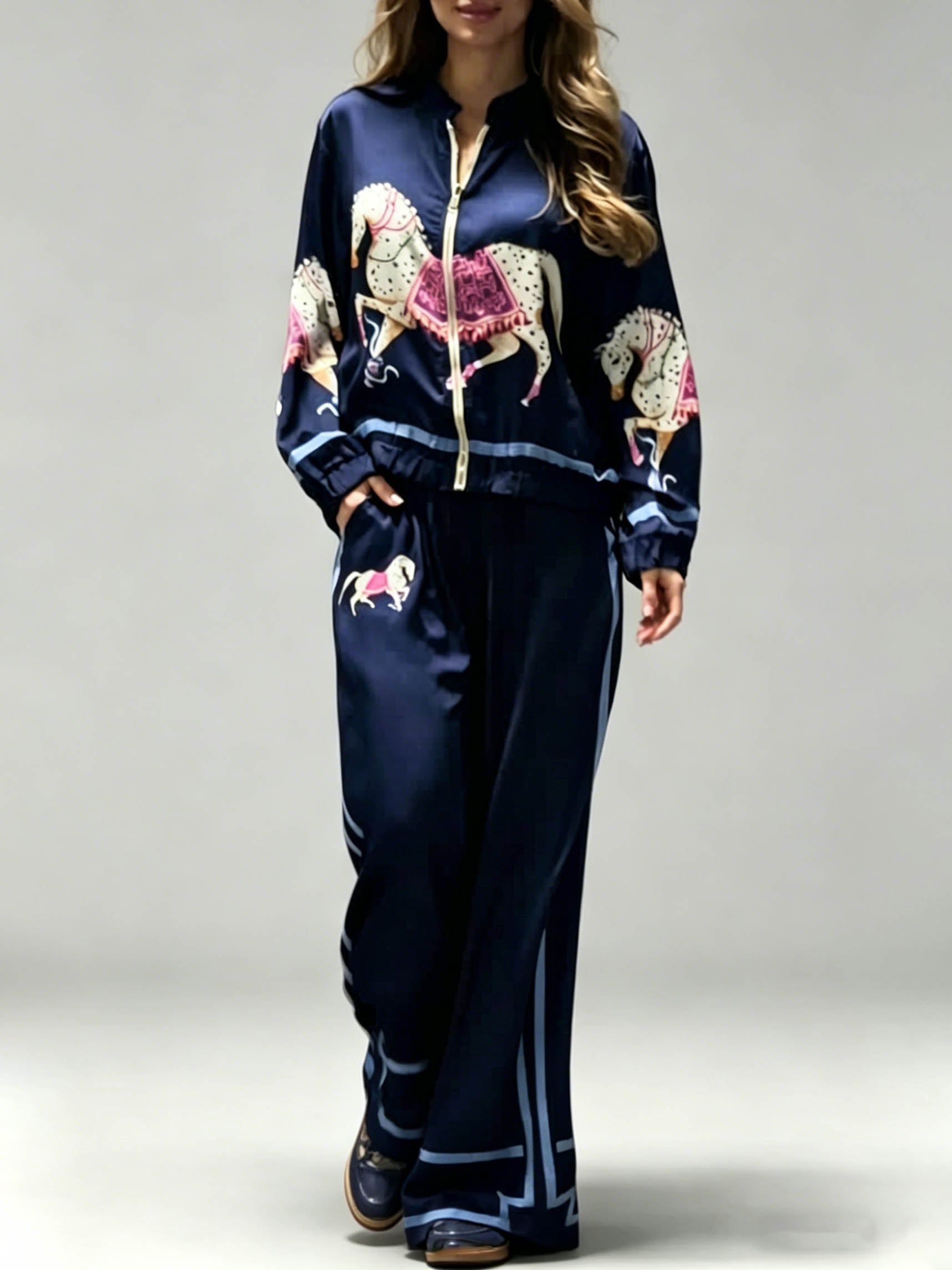 Exquisite Satin Horse Print Zip Jacket & Wide-Leg Pants Two-Piece Set