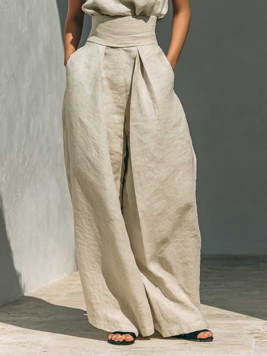 Elegant Linen High-Neck Top & Wide-Leg Pants Two-Piece Set