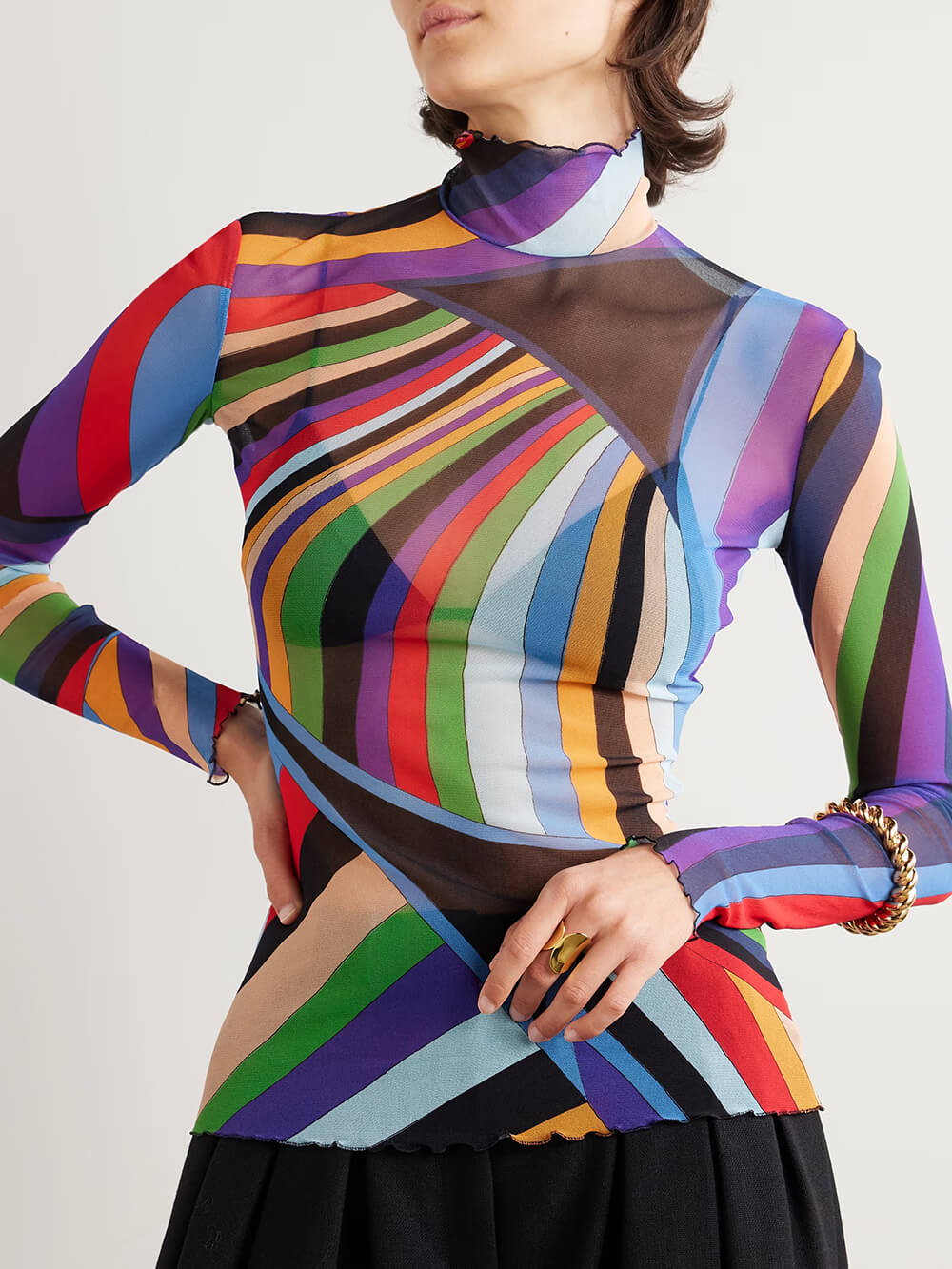 Retro Print Stretch Sheer Mesh Turtleneck Top