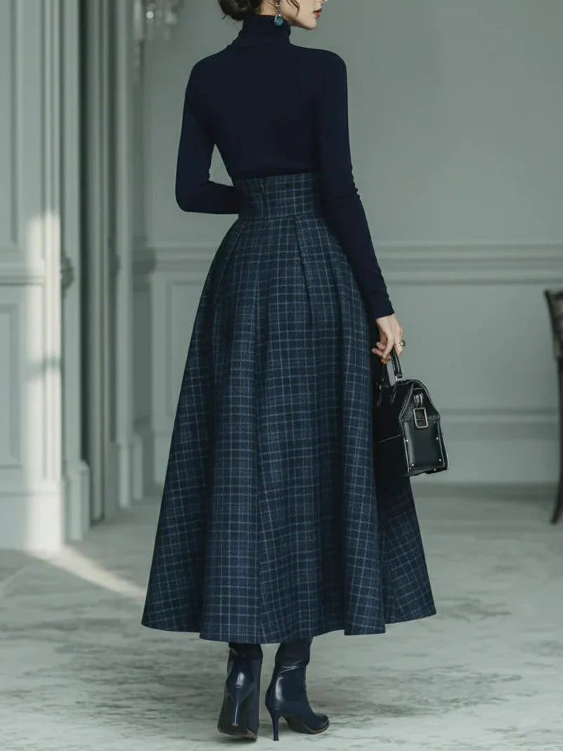 Exquisite High-neck Stretch Top And Plaid Skirt Two-piece Set