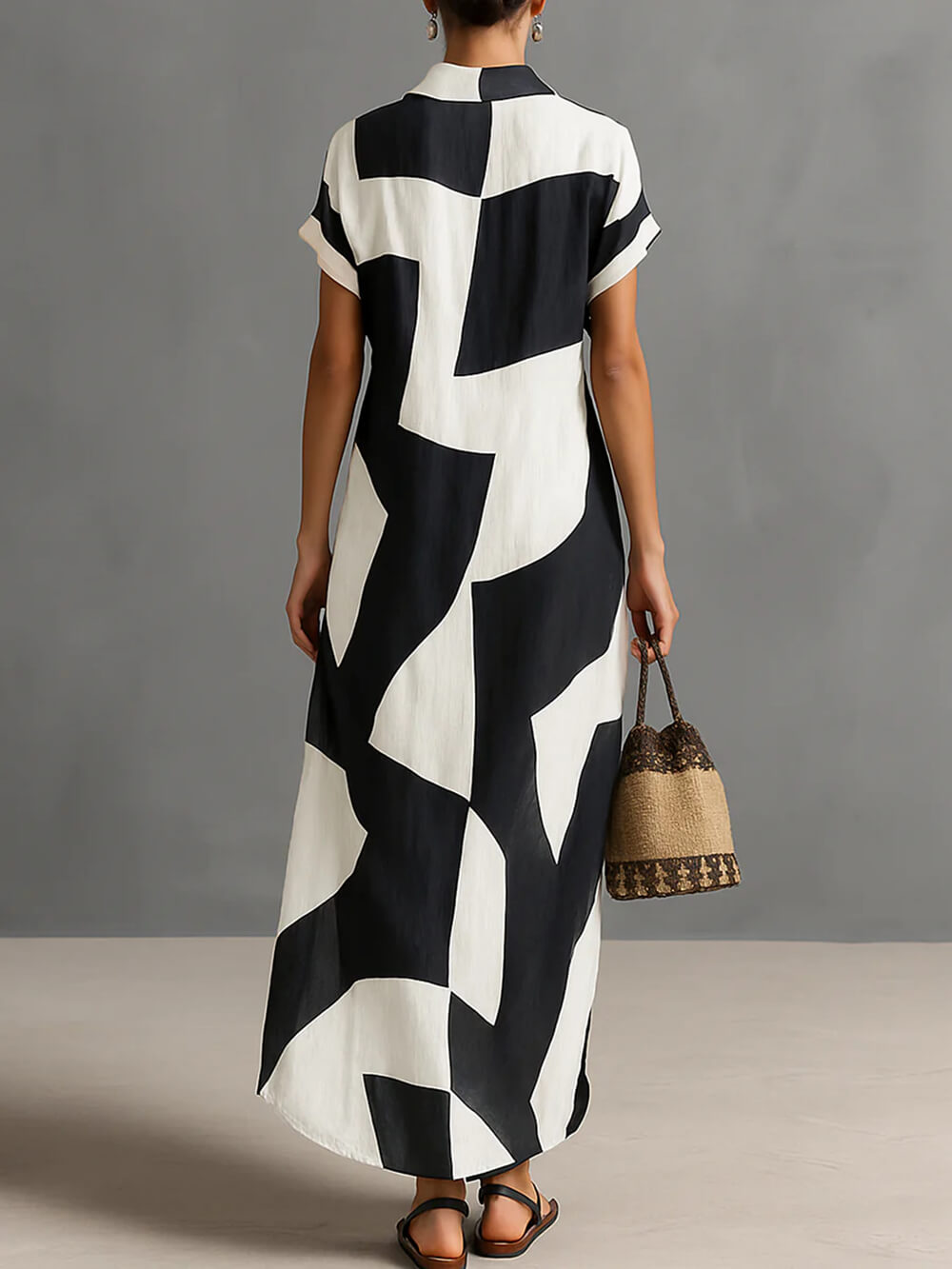 Exquisite Irregular Geometric Print Lapel Single-Breasted Short-Sleeved Maxi Shirt Dress