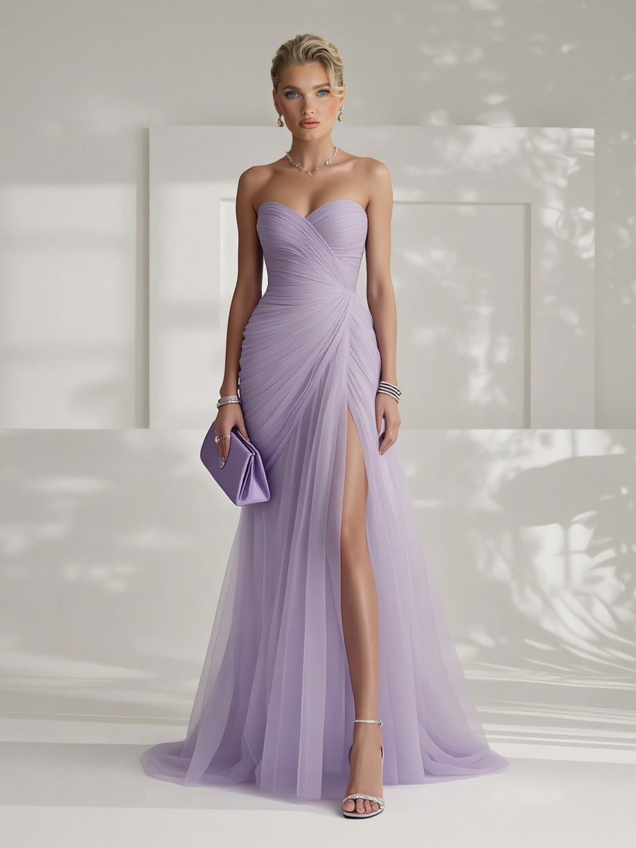 Elegant Strapless Pleated Tulle Maxi Dress