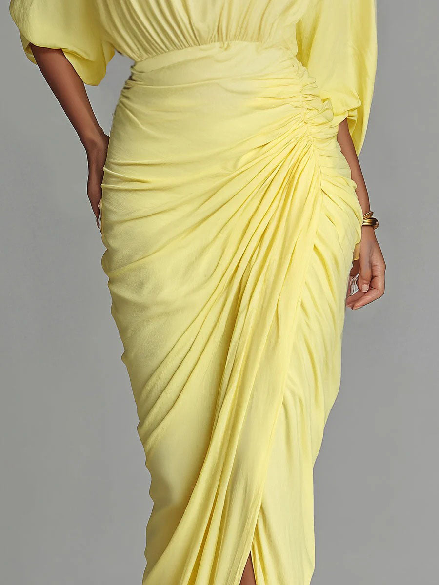 Elegant High-neck Half-sleeve Pleated Maxi Dress