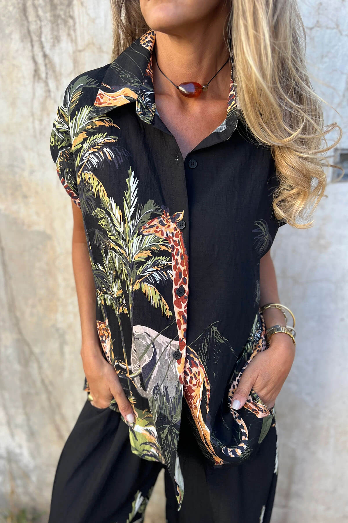 Unique Jungle Print Elastic Waist Pocket Wide-Leg Pants