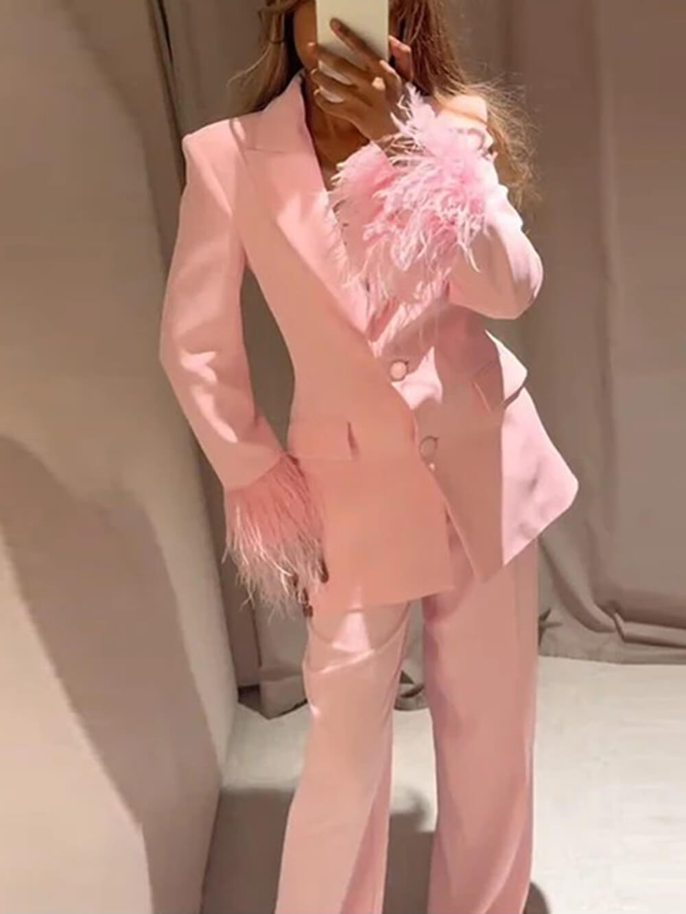 Elegant Pink Feather-Trim Long-Sleeve Blazer
