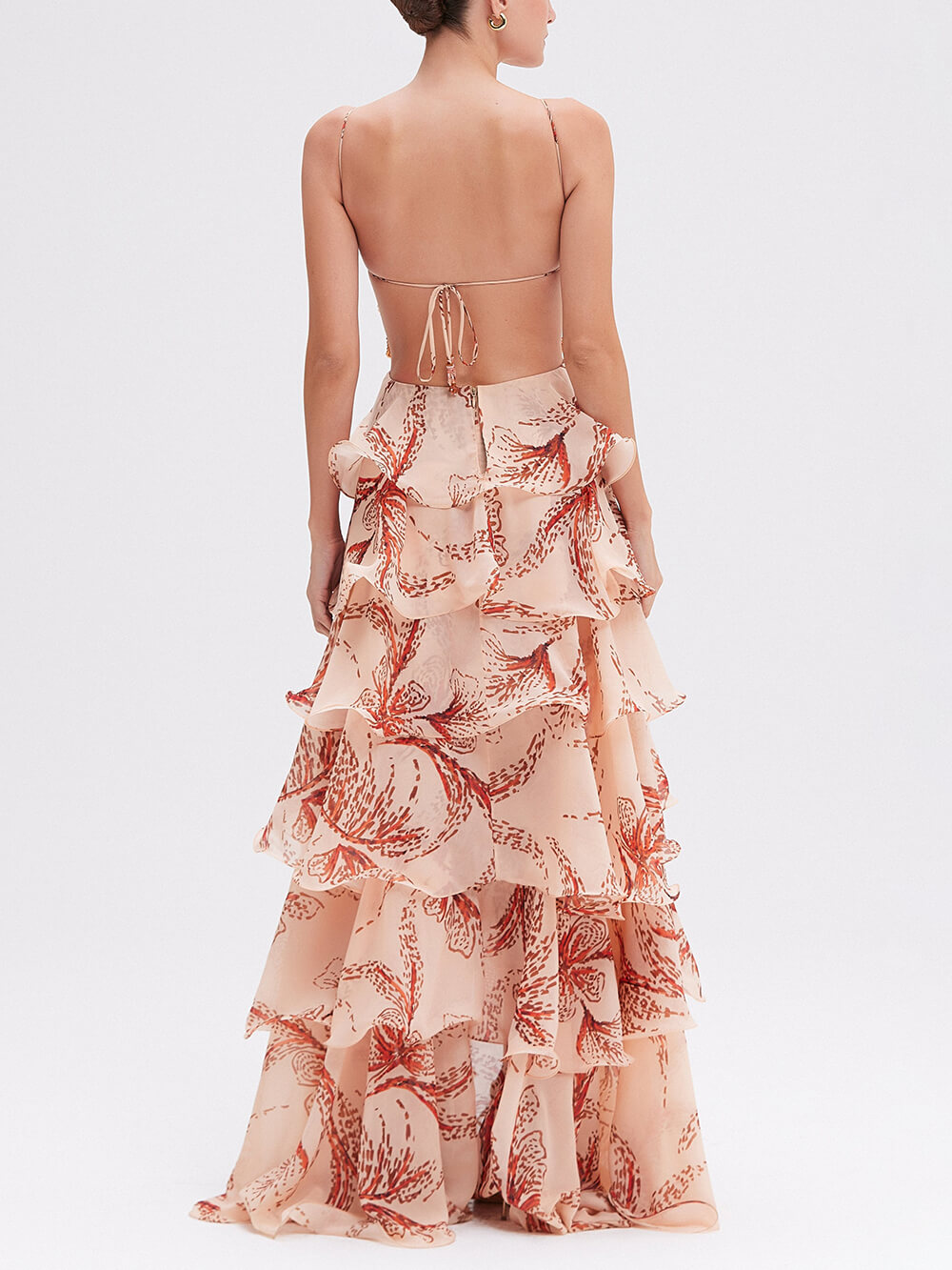 Tiered Sunset Butterfly Print Halter Back Maxi Dress