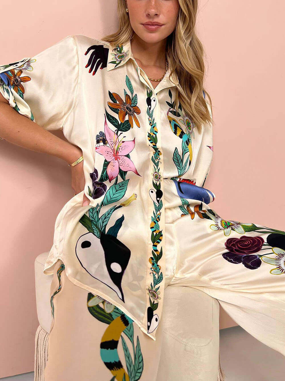 Modern Sophisticated Feel Satin Unique Print Oversized Blouse Elastic Waist Pocketed Wide Leg Pants Set