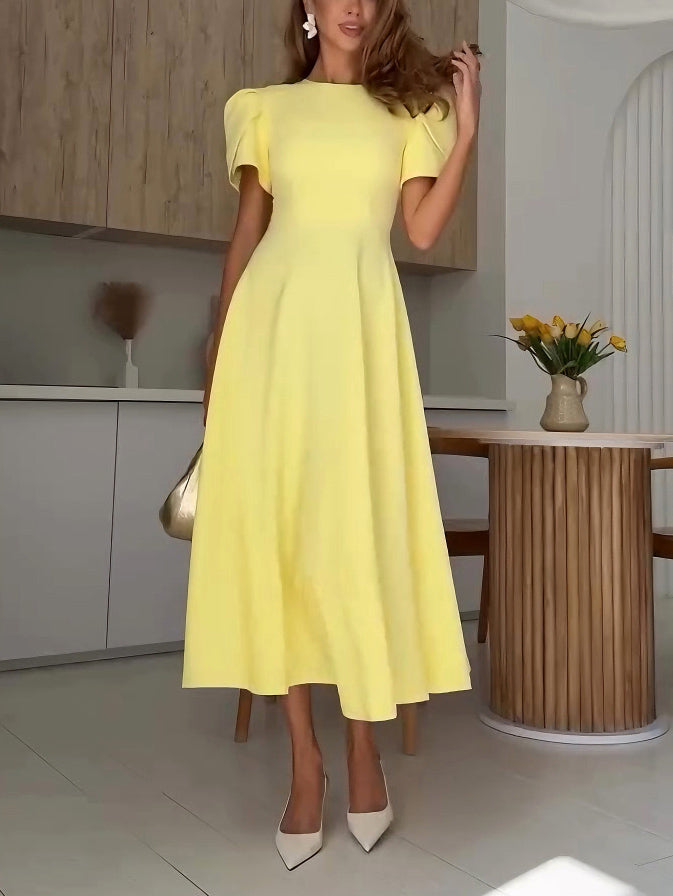 Elegant High-neck Bud Sleeve Midi Dress