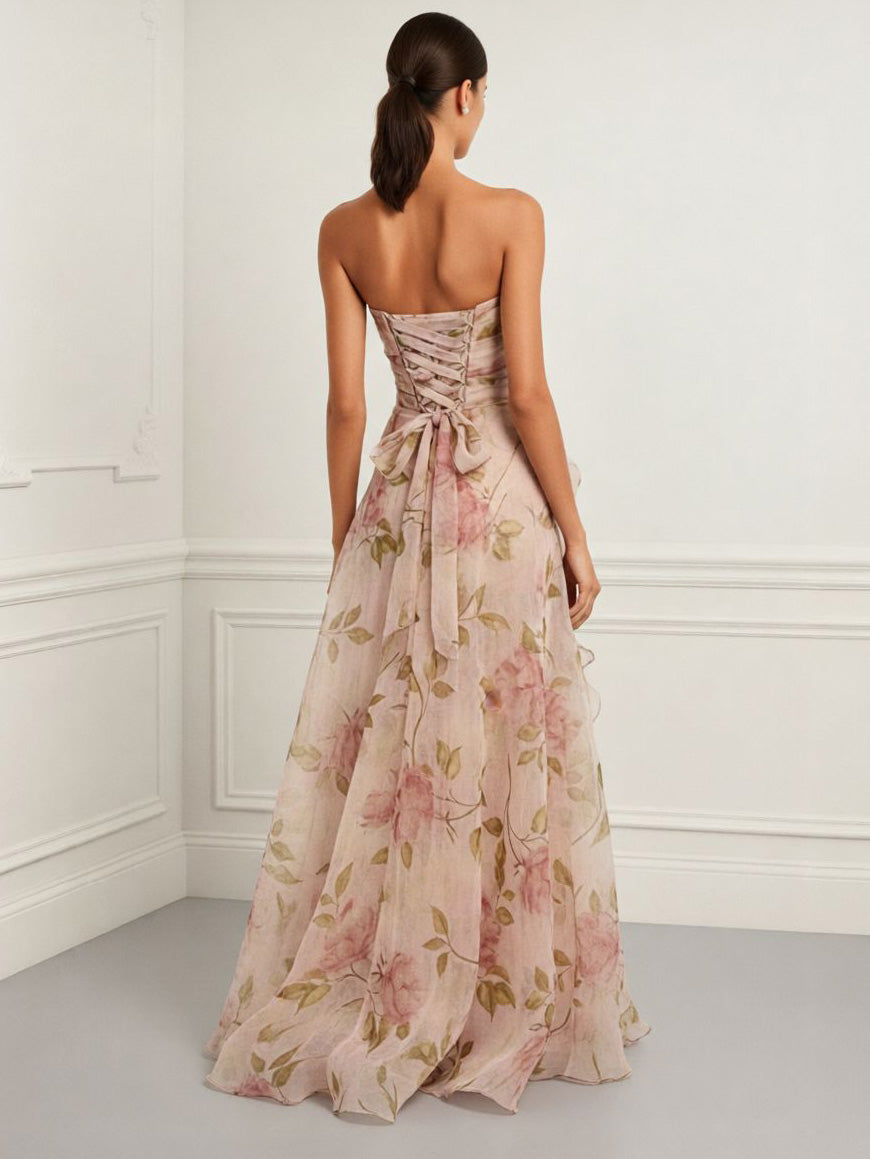 Elegant Strapless Floral Print Chiffon Maxi Dress