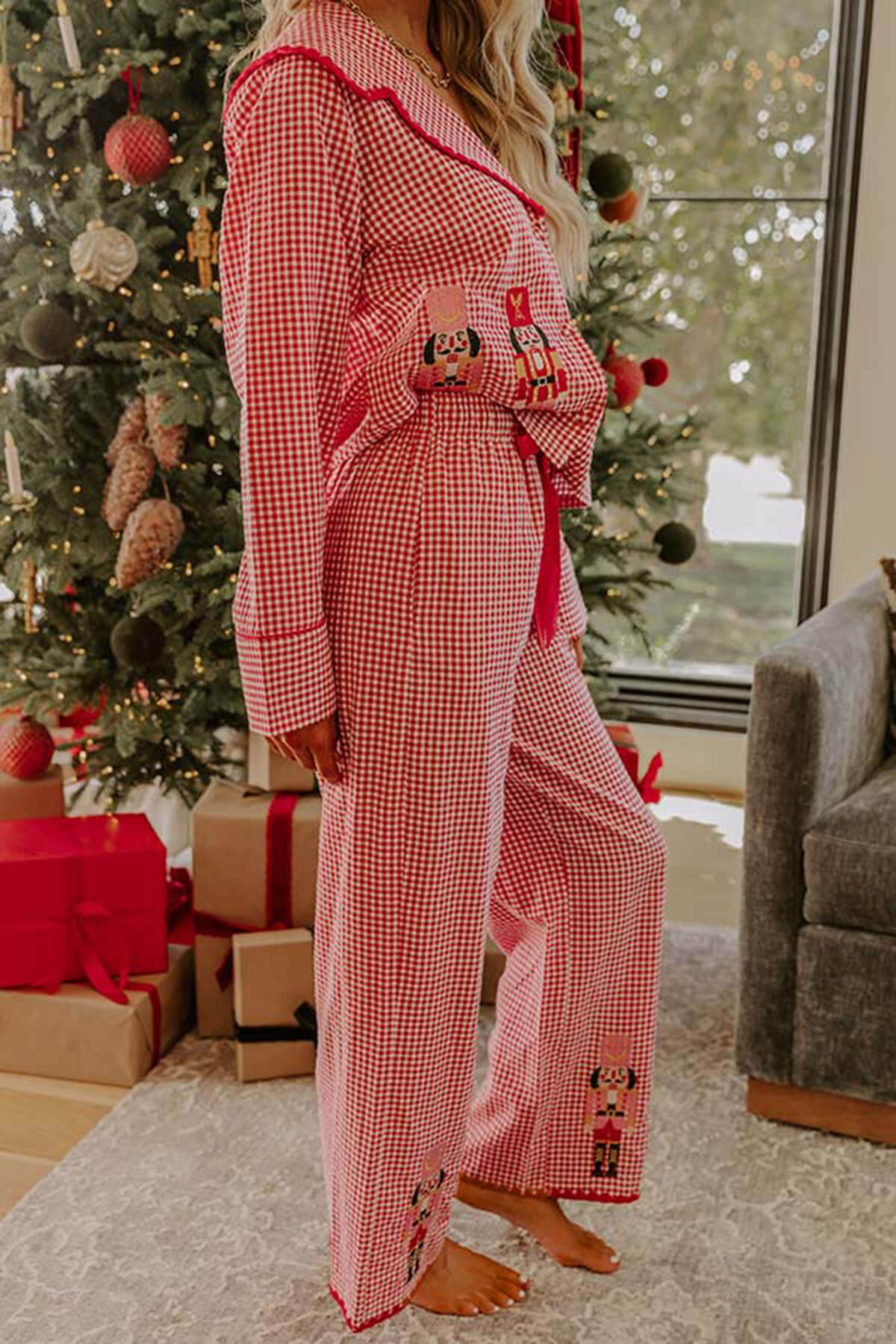 Christmas Nutcracker Charm Embroidered Gingham Loose Shirt and Elastic Waist Pajama Set