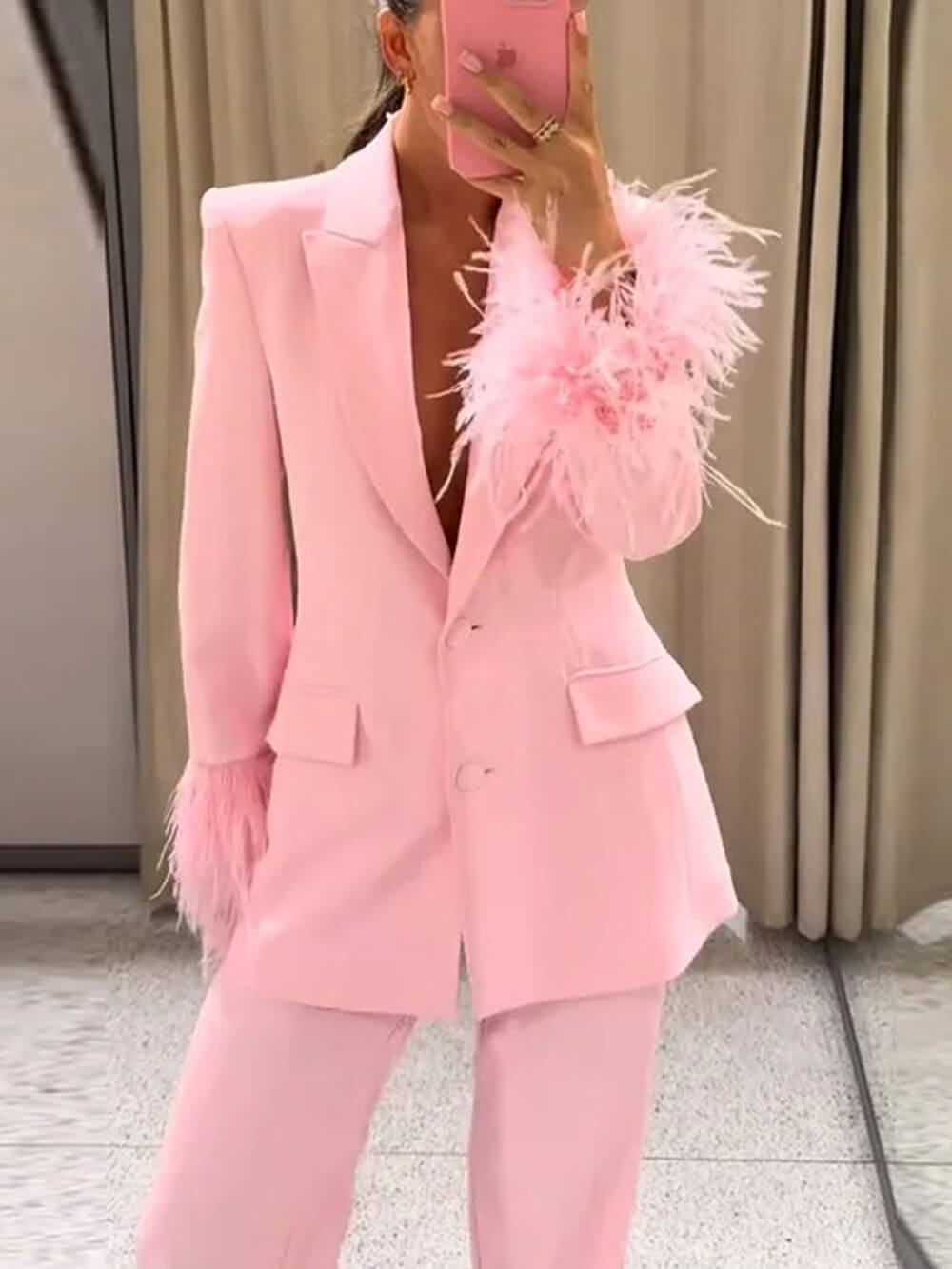 Elegant Pink Feather-Trim Long-Sleeve Blazer