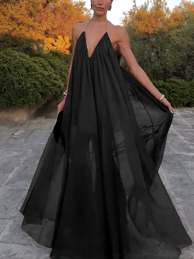 Elegant V-neck Chiffon Flowy Maxi Dress