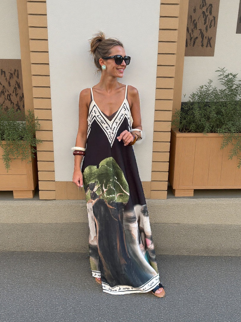 Unique Ink Flower Print Suspender Maxi Dress