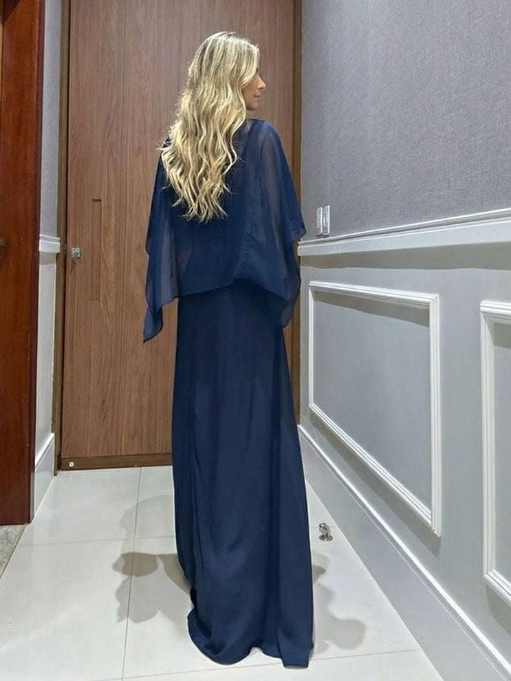 Elegant Chiffon Cape Top & Wide-Leg Pants Two-Piece Set