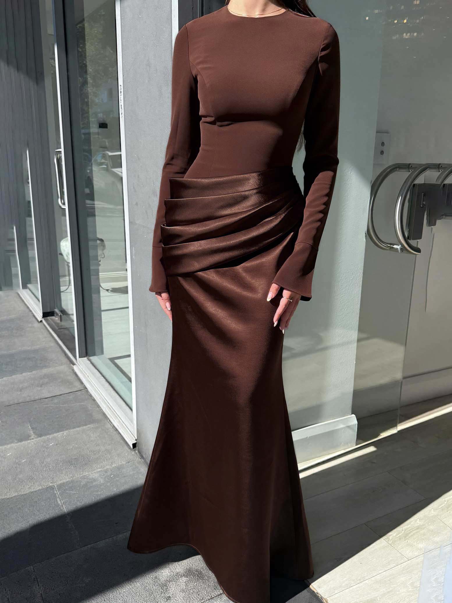 Elegant Long-Sleeved Draped Satin Maxi Dress