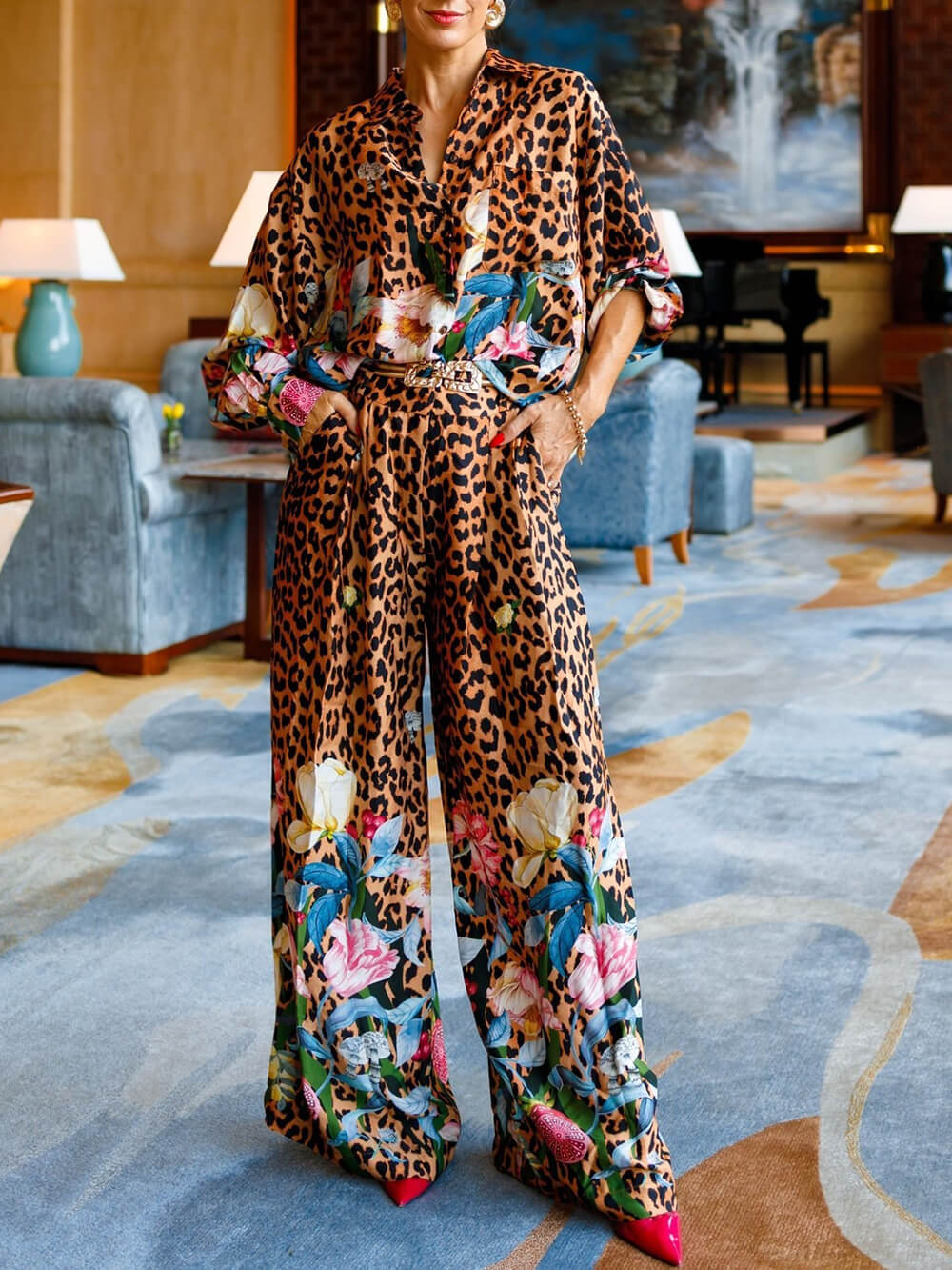 Unique Leopard & Floral Print Loose Button-Up Shirt