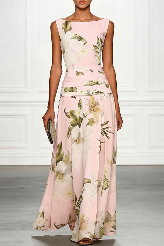 Fresh Sleeveless Boat Neck Printed Party Maxi Dress