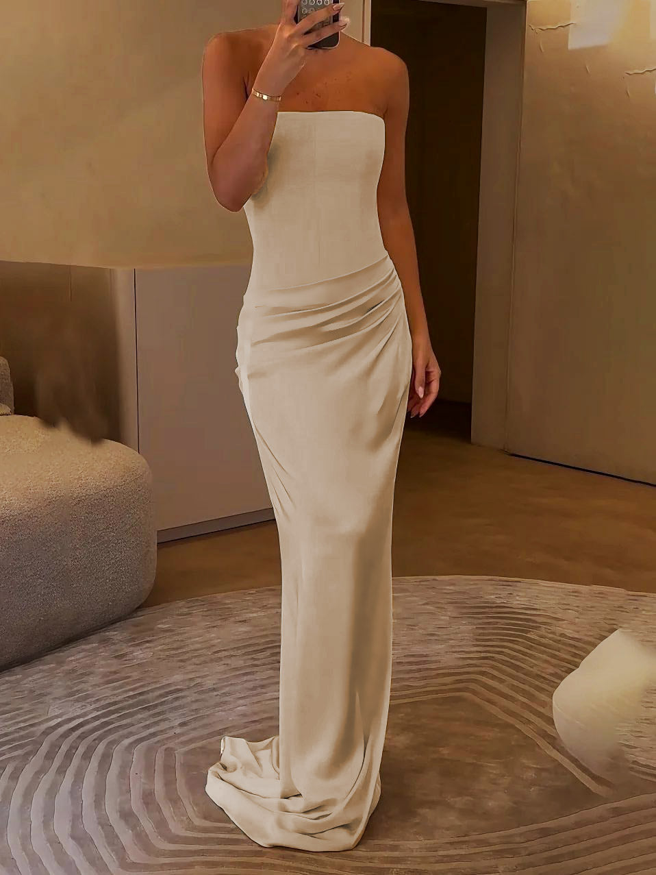 Elegant Strapless Draped Satin Maxi Dress