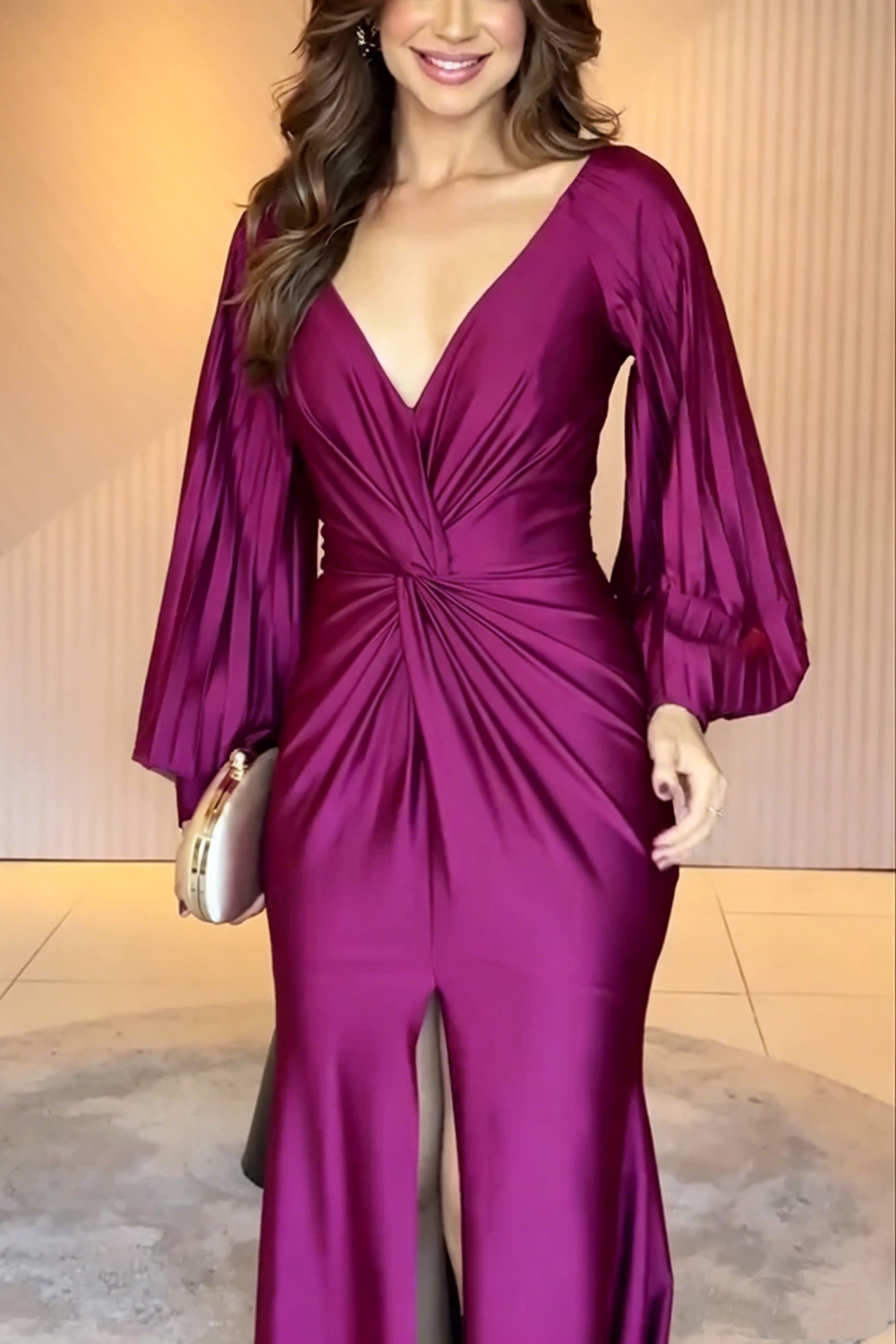 Raise A Toast Satin Long Balloon Sleeve Twist Waist Slit Maxi Dress
