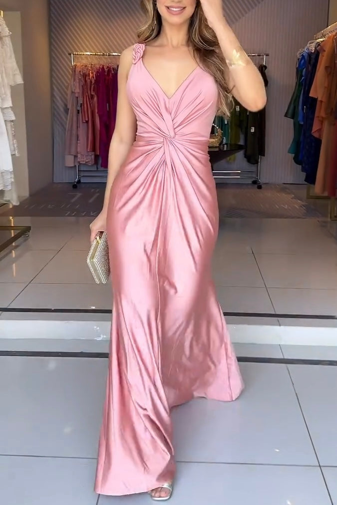 Glow Together Satin Knot Design Shoulder Strap Sleeveless Drape Slit Maxi Dress