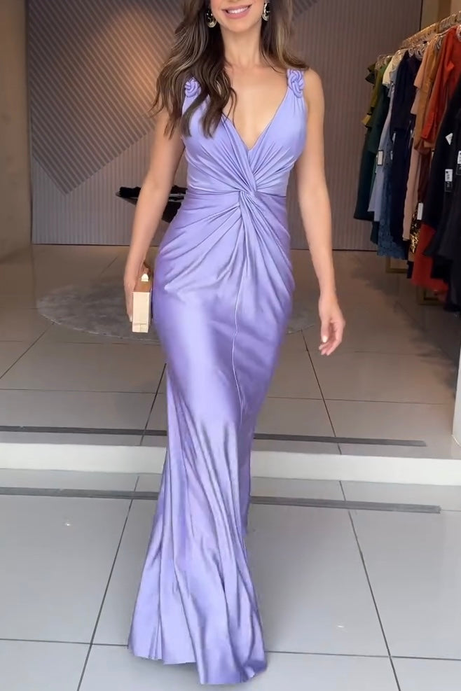Glow Together Satin Knot Design Shoulder Strap Sleeveless Drape Slit Maxi Dress