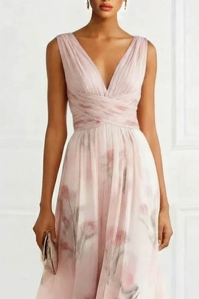 Elegant V-Neck Floral Print Tulle Maxi Dress